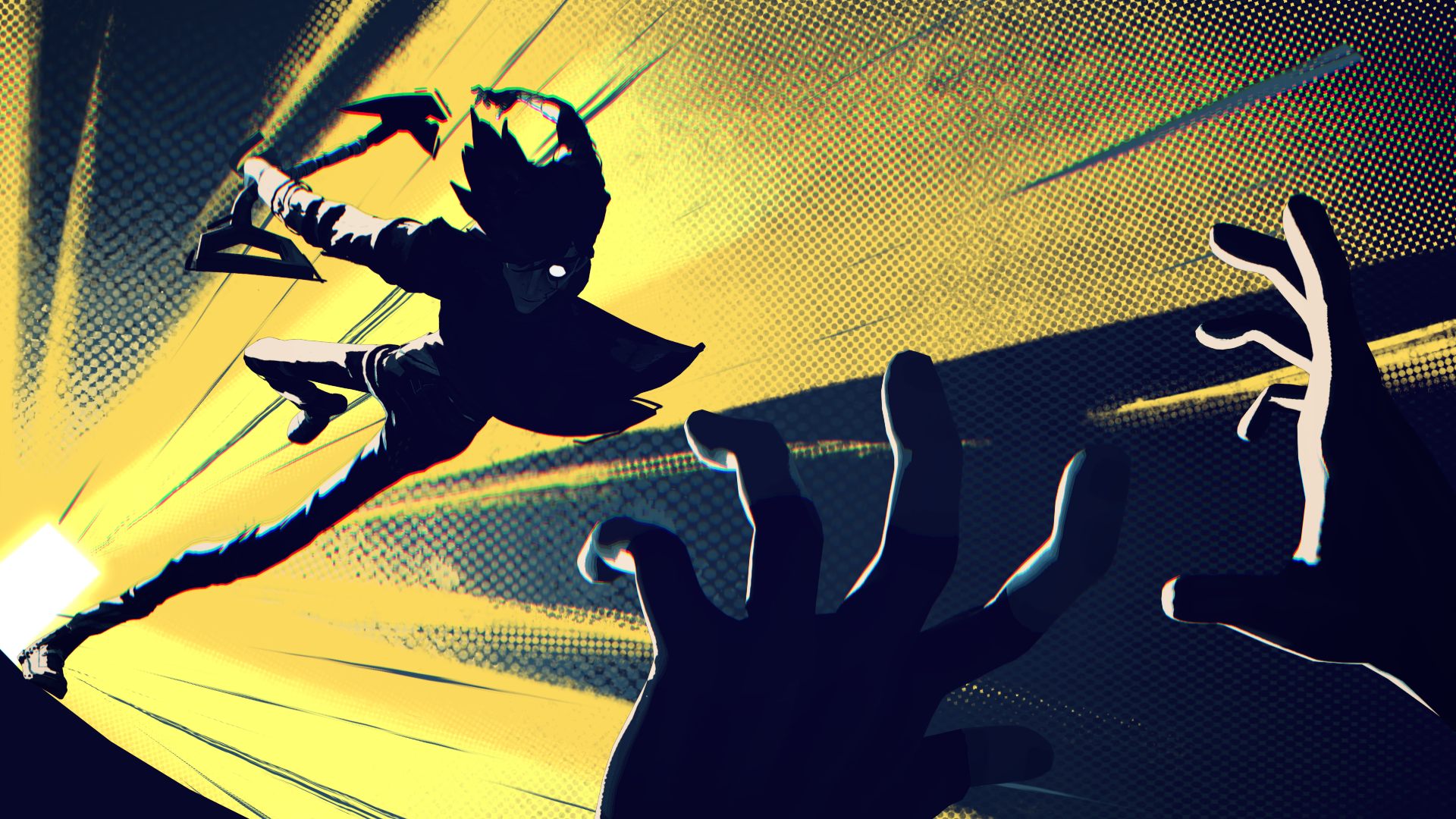 Still from animated film. Yellow streaks in the background radiating from the sun in the bottom left. One character is running with a weapon towards someone whose hands are raised in fear.