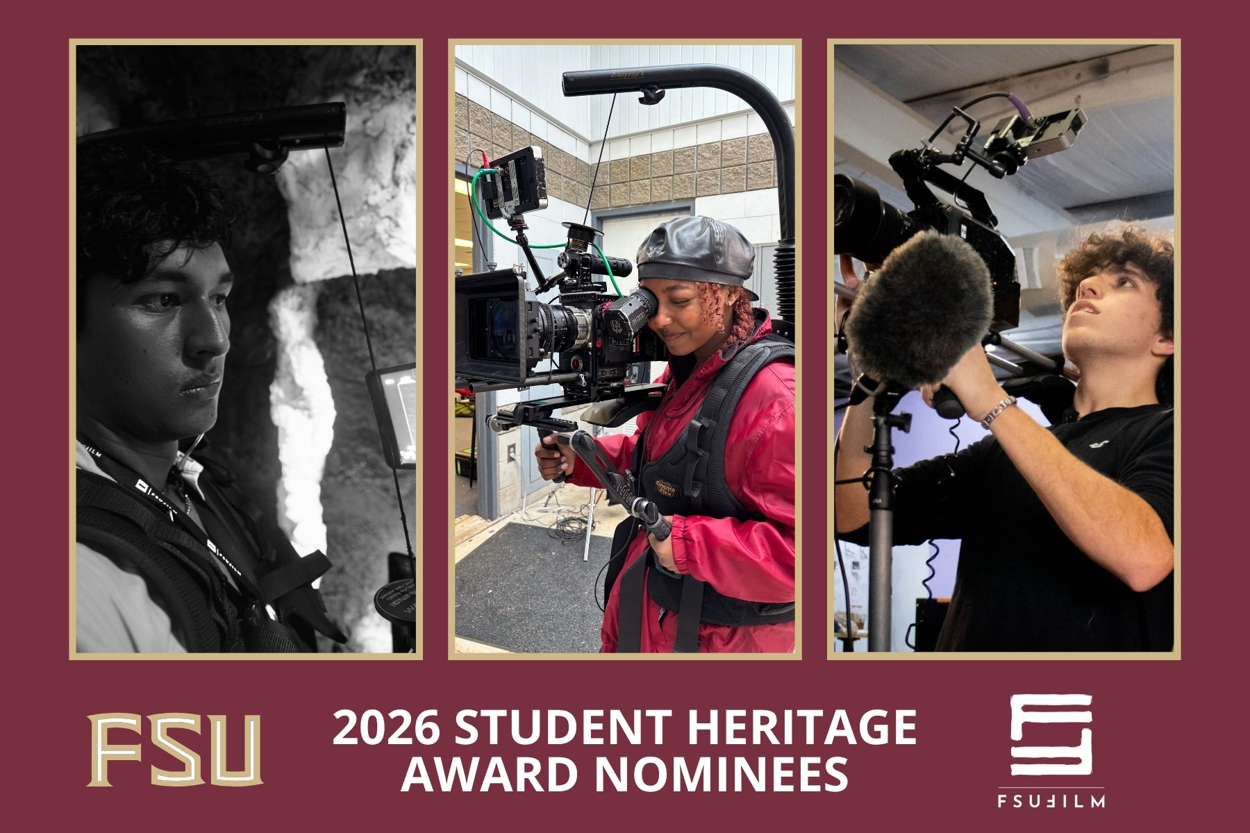 An FSU Film banner displaying three student filmmakers behind camera setups, with bold text reading "2026 Student Heritage Award Nominees"